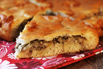 Homemade australian meat pie on the wooden table closeup