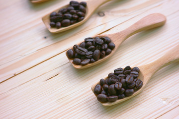 Coffee in wood spoon on the table,have space for idea.