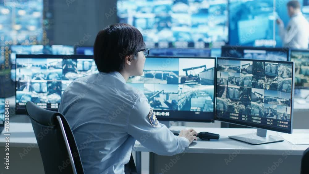 Poster in the security control room officer monitors multiple screens for suspicious activities. he's surro