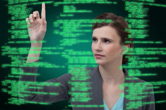 Composite image of businesswoman with arms raised while using