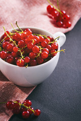 fresh red currant in ceramic cup on dark table