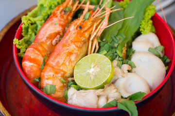 Tom yam kong with noodle, Tom yam is a spicy soup in Thailand
