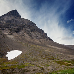 Glacier in the mountains of Khibiny, Kola Peninsula, Russia.