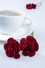 Coffee in an elegant cup and red carnations on white