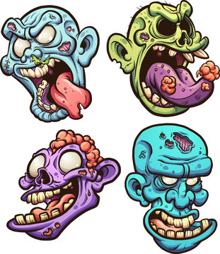 Cartoon zombie heads. Vector clip art illustration with simple gradients. Each on a separate layer.