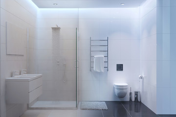 3d rendered interior of shower room turns into a real one