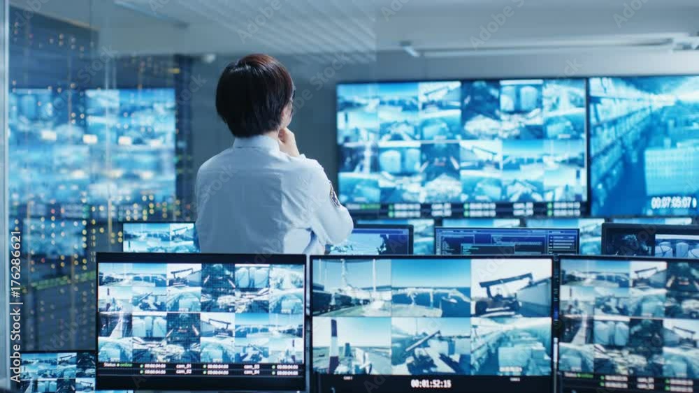 Poster in the security control room officer monitors multiple screens for suspicious activities. he guards 