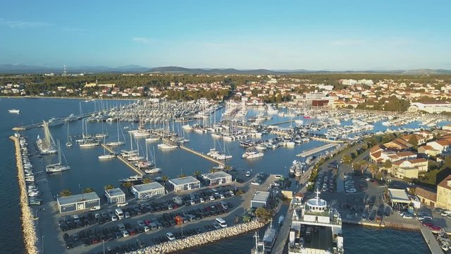 Aerial View of Yacht Club and Marina in Croatia, 4K. Biograd na moru