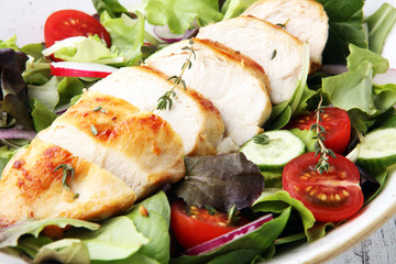 Chicken salad with leaf vegetables and cherry tomatoes.