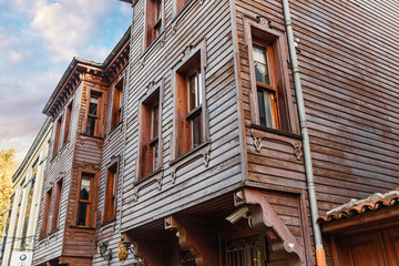 Naklejka premium Old wooden architecture of historical buildings in the tourist area of Fatih