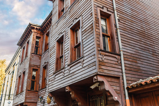 Old wooden architecture of historical buildings in the tourist area of Fatih