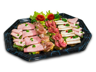 Kalte Party Platte mit verschiedene Sorten an Wurstaufschnitt.  Lecker serviert.