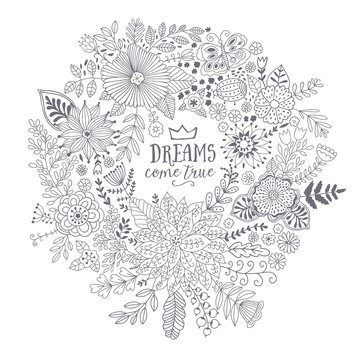 Vector circle frame, wreath design made of doodle flowers.