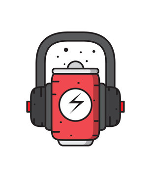 a can with an effervescent beverage and headphones,music cola,relaxation with music and drink, vector image, flat design, simple icon