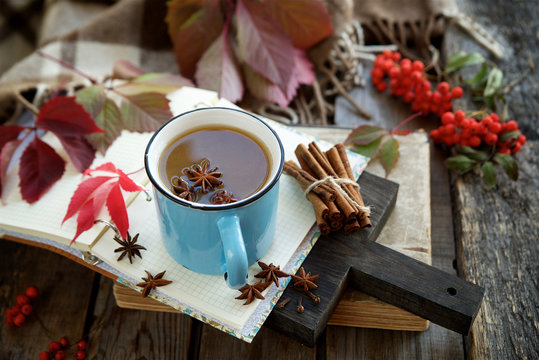 Warm coffee drink with spices and pumpkin. Pumpkin latte. Autumn still life