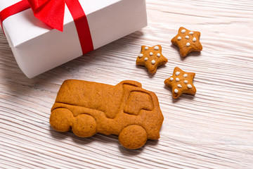 Christmas gift boxes and gingerbread truck