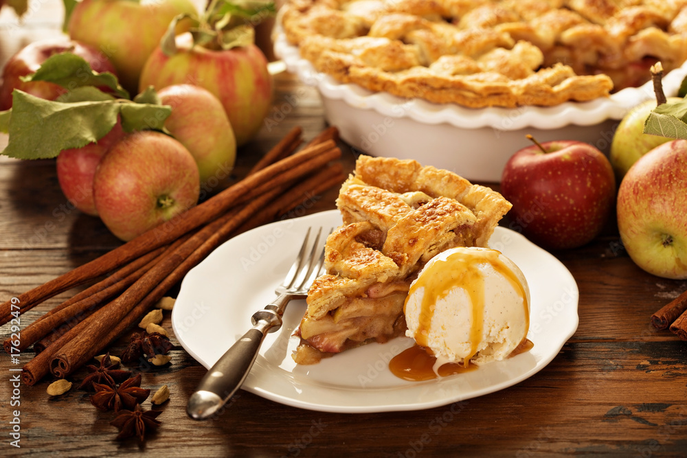 Canvas Prints piece of an apple pie with ice cream on a plate