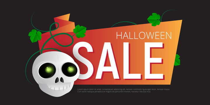 Happy Halloween Sale vector banner or sticker design template with leaves and skull. Great for design your web site or print publications