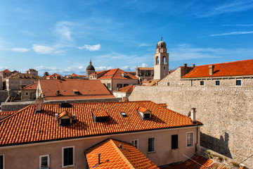 Red tiled roofs of Dubrovnik Old Town, view from the ancient city wall. The world famous and most visited historic city of Croatia, UNESCO World Heritage site