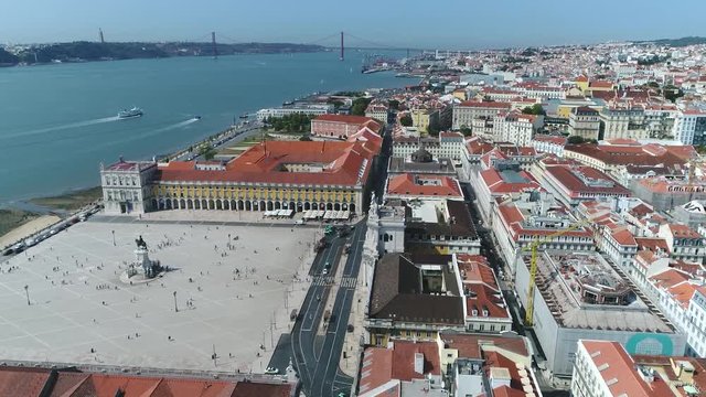 Aerial of Commerce Square in Portuguese Praca do Comercio located in city of Lisbon Portugal situated near Tagus river square is still commonly known as Terreiro do Pa&ccedil;o and popular tourist attraction
