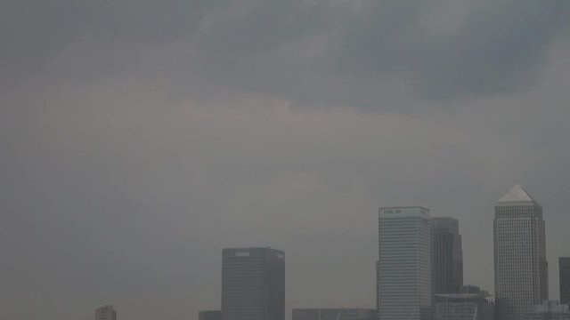 UK April 2011 - Multiple lightning strikes on banks at Canary Wharf, London.