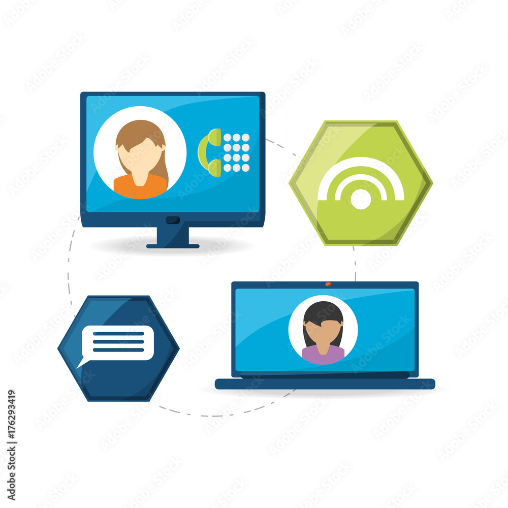 Poster computer and avatar people with social media related icons over background colorful design vector il