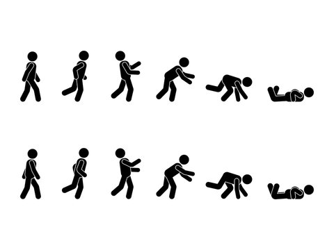 Walking man stick figure pictogram set. Different positions of stumbling and falling icon set symbol posture on white