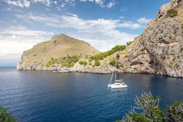 Yacht in amazing bay of pure Sea - Peaceful sunrise