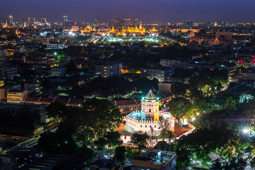 Bangkok city - Phra Sumen Fort  with the Grand Palace and EMERALD BUDDHA  WAT PHRA KAEW in Bangkok cityscape at night , landscape bangkok Thailand