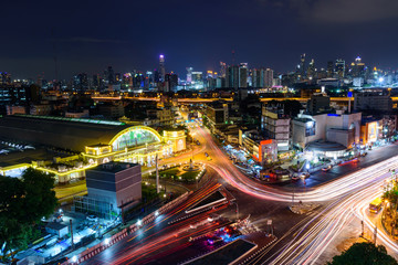 Fototapeta na wymiar Top view of Blur light traffic at Hua Lamphong Station public landmark of train station