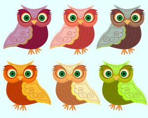 Strict, angry 6 owl with a turned head, a pattern on the wings and a pussy. Cute pink and grey cartoon owl for baby showers, birthdays and invitation designs