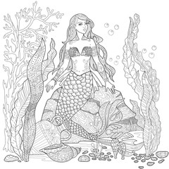 Mermaid on the seabed page. Vector Illustration for adult coloring book.