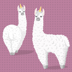 set of cute cartoon lama alpaca with unicorn horn.polka dot seamless background.Vector Illustration.unique design for cards, posters,t-shirts,invitations © dromp