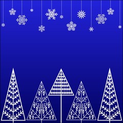 Christmas card with trees and snow flakes