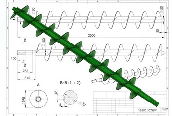 3d illustration of archimedes screw above the engineering drawing