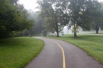 The winding pathway in the park on a foggy morning. 