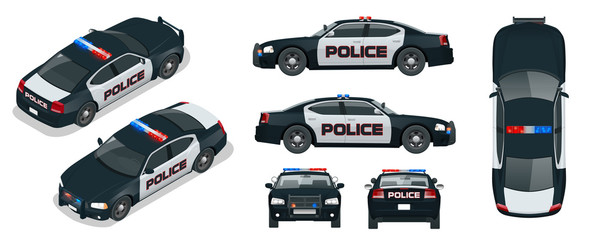 Obraz premium Wektor samochód policyjny z migającymi światłami na dachu, syrena i emblematy. Ilustracja na białym tle szablon. Zobacz przód, tył, bok, górę i izometrycznie. Zmień kolor jednym kliknięciem.