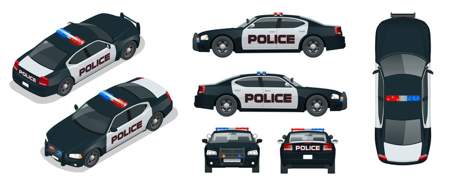 Vector Police car with rooftop flashing lights, a siren and emblems. Template isolated illustration. View front, rear, side, top and isometric. Change the colour in one click.