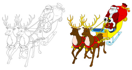 Santa Claus with deer coloring book with colored template.