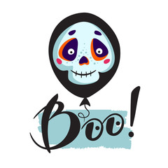 Cartoons Skull in black balloon isolated on background. Cute Skull Face. Vector Illustration of a Halloween Skull. Mexican day of the dead.