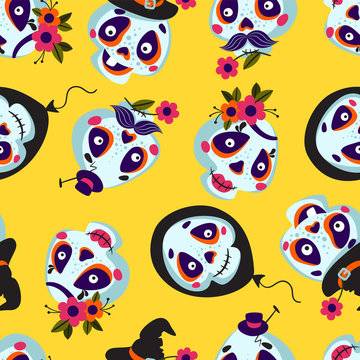 Seamless pattern of cartoons Skull. Background with Cute Skull Faces. Vector texture Illustration of a Halloween Skull. Mexican day of the dead.