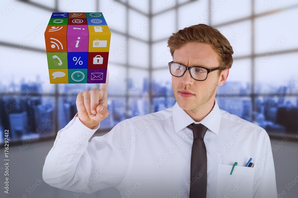 Poster composite image of geeky businessman smiling and pointing cube