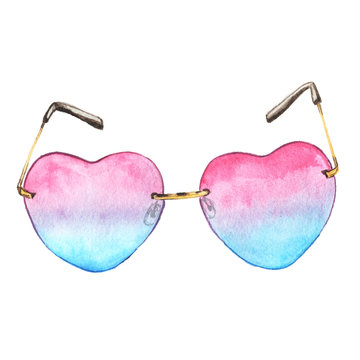 Pink Heartshaped Sunglasses Illustration Drawing Watercolor Blue Gradient Summer Glasses