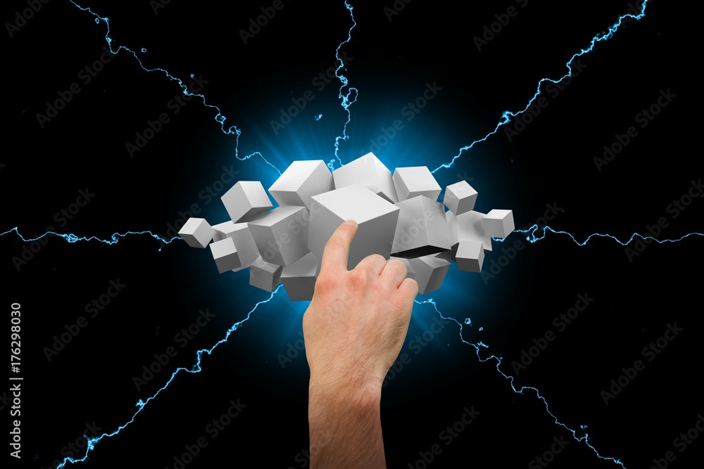 Poster composite image of hand pointing at digitally cubes