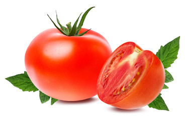 Fresh tomato  with leafs isolated on white background
