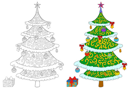 Christmas tree with gift box coloring book isolated on white.