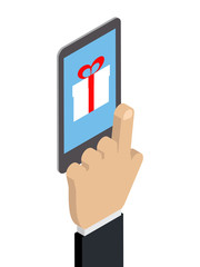 Shopping through phone, internet marketing, gift box. Hand Сaucasian buys a gift by phone