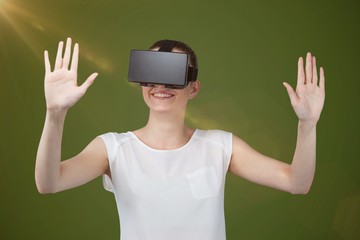 Composite image of happy woman gesturing while using virtual