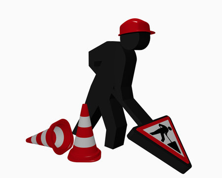 Construction site males with construction site sign and traffic cones in red and white