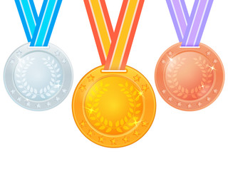 Set of medals on a ribbon. Gold, silver and bronze medal isolated on white background. Vector illustration